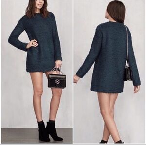Reformation Lokie Mini Knit Sweater Dress XS Teal Textured Shag Boucle Teddy